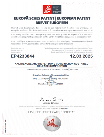 EU patent - a compound sustained-release combination of naltrexone and risperidone